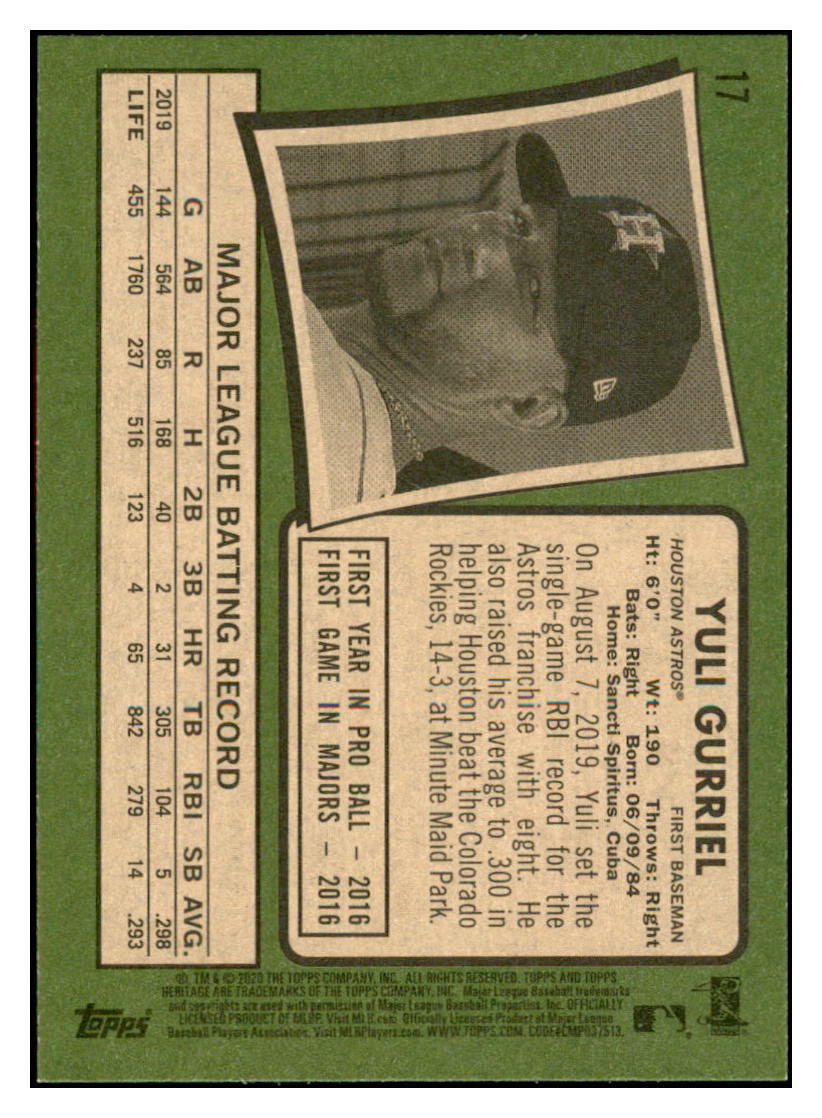 2020 Topps Heritage Yuli
Gurriel Houston Astros Baseball Card
TMH1A simple Xclusive Collectibles