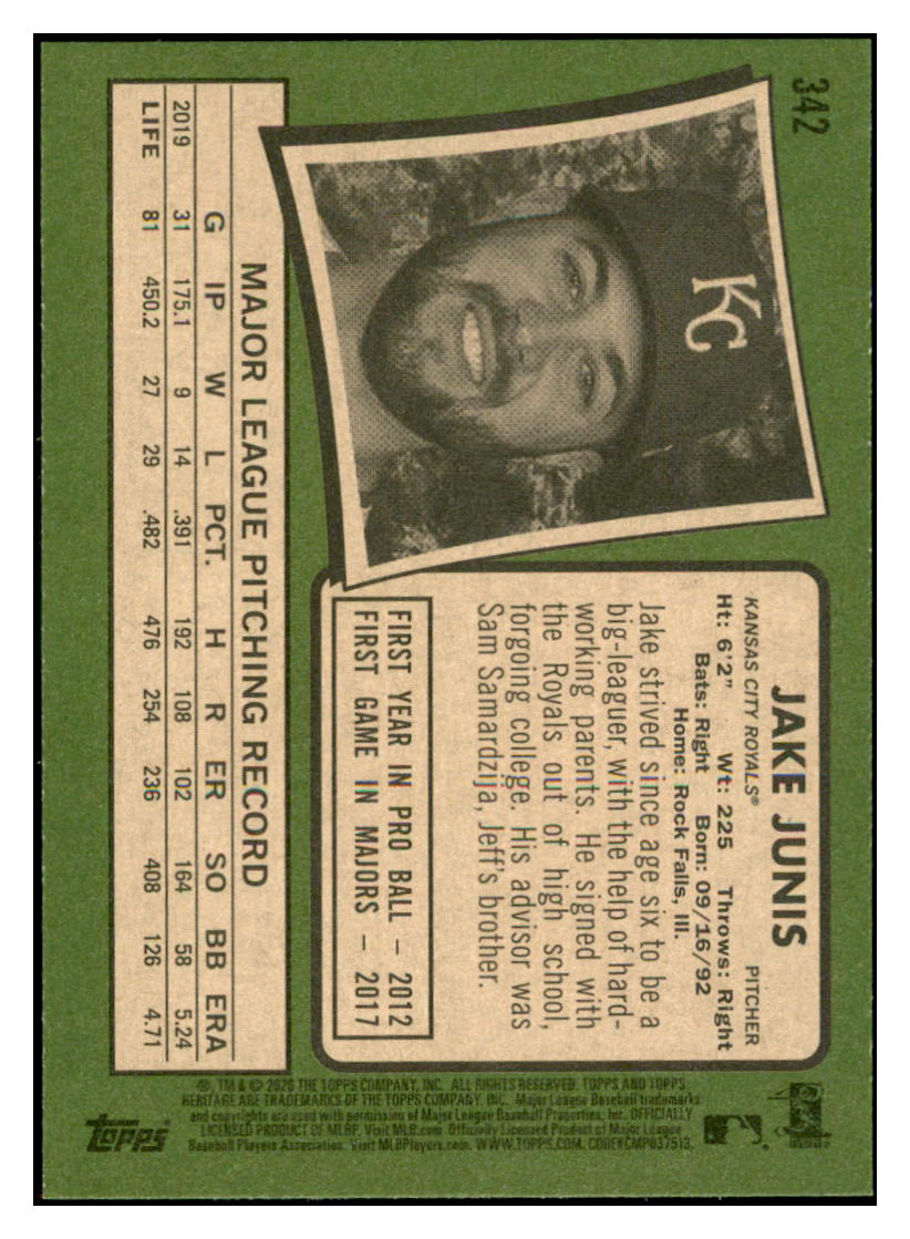 2020 Topps Heritage Jake
Junis Kansas City Royals Baseball
Card TMH1A simple Xclusive Collectibles