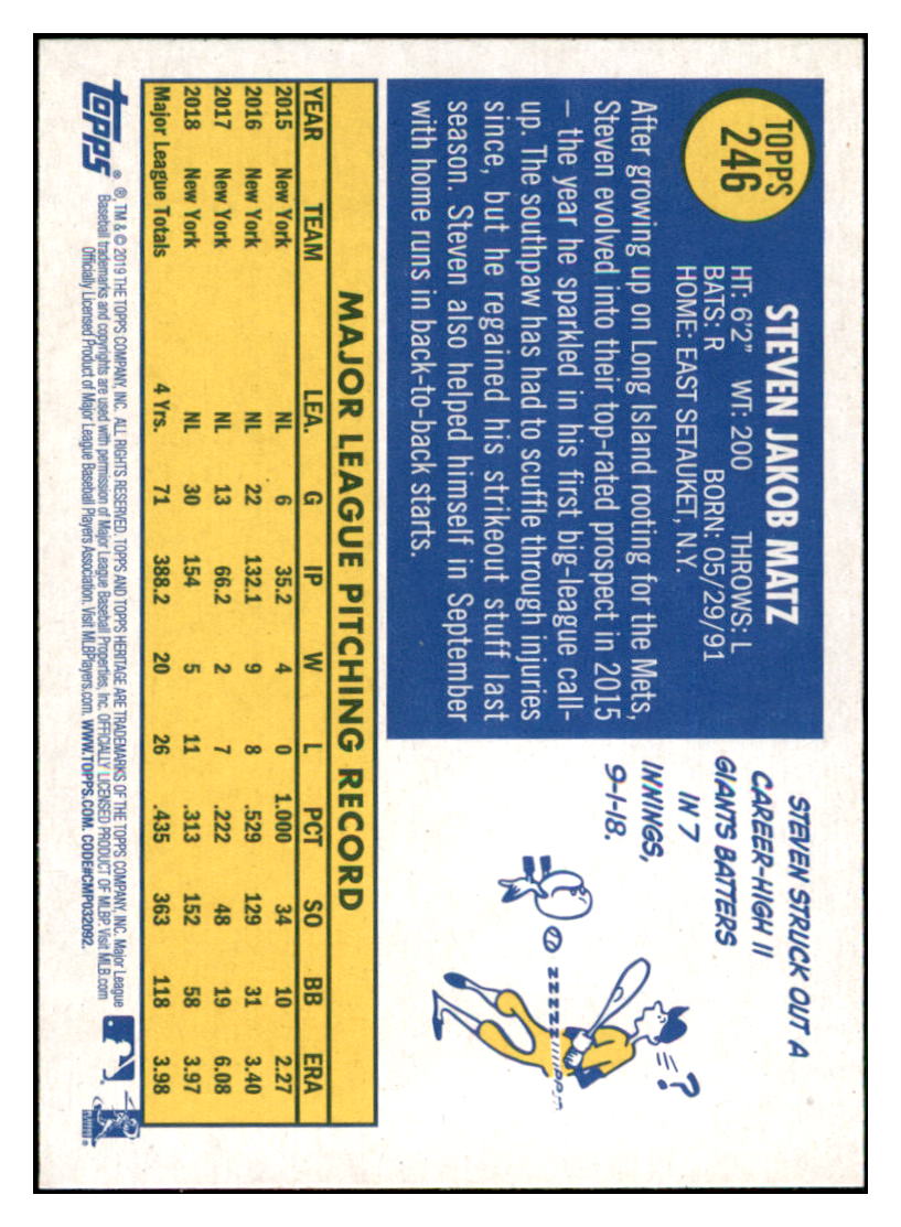 2019 Topps Heritage Steven
  Matz   New York Mets Baseball Card
  TMH1A simple Xclusive Collectibles