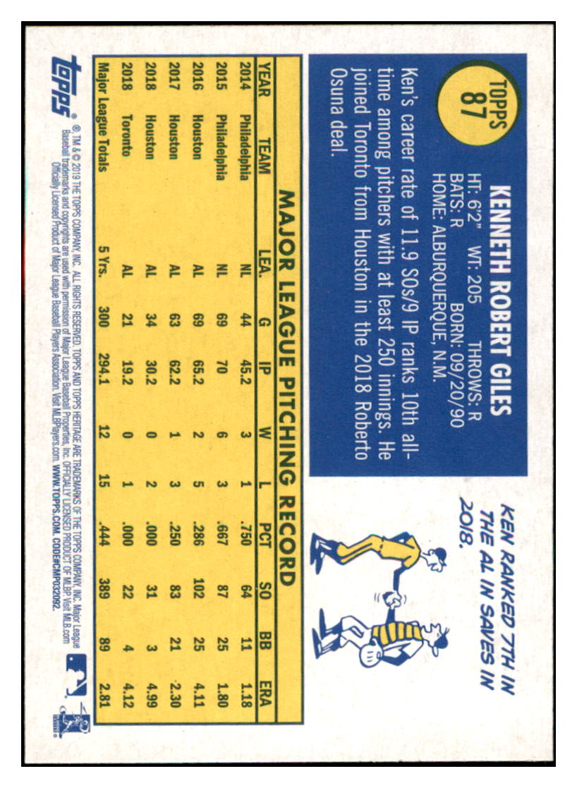 2019 Topps Heritage Ken
Giles Toronto Blue Jays Baseball Card
TMH1A simple Xclusive Collectibles