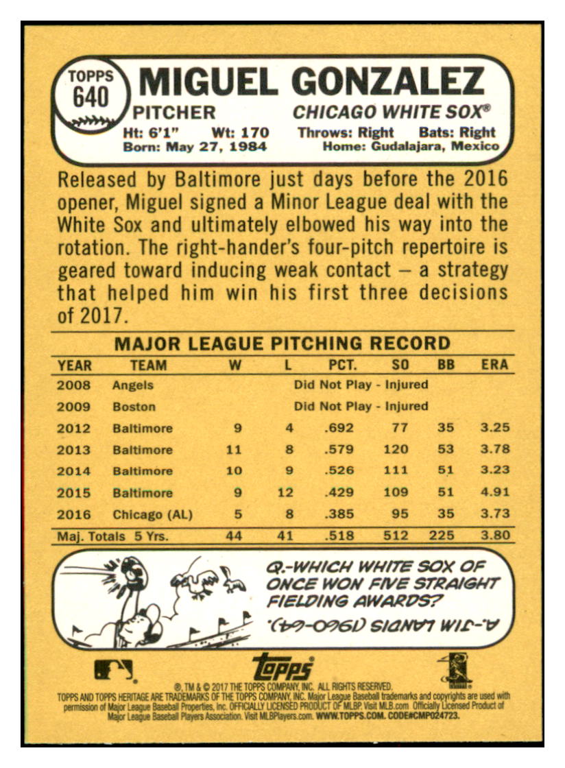 2017 Topps Heritage Miguel
Gonzalez Chicago White Sox Baseball
Card TMH1A simple Xclusive Collectibles