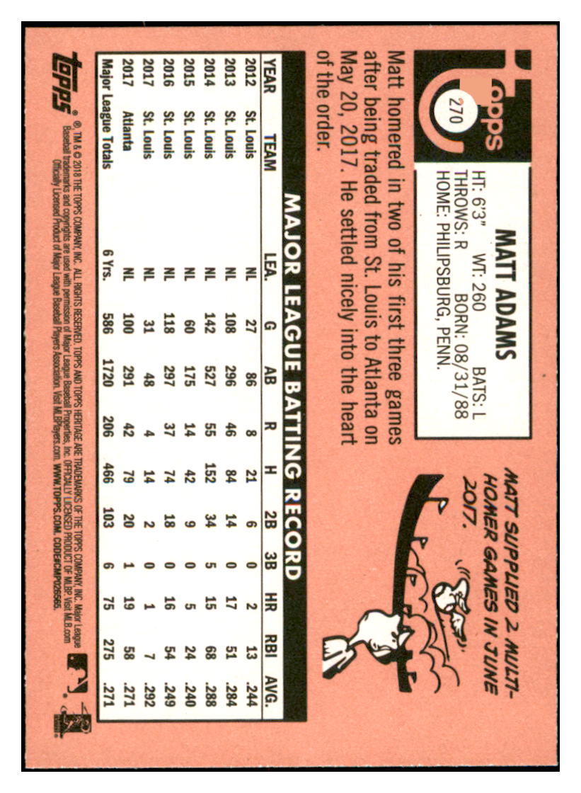 2018 Topps Heritage Matt
  Adams   Atlanta Braves Baseball Card
  TMH1A simple Xclusive Collectibles