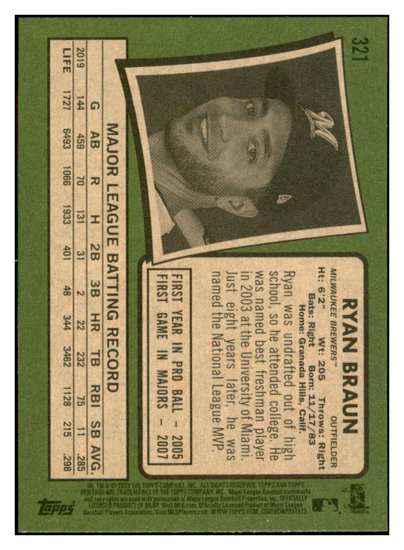 2020 Topps Heritage Ryan
  Braun   Milwaukee Brewers Baseball Card
  TMH1A simple Xclusive Collectibles