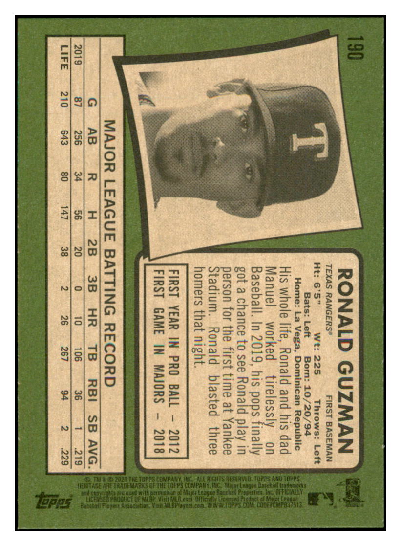 2020 Topps Heritage Ronald
  Guzman   Texas Rangers Baseball Card
  TMH1A simple Xclusive Collectibles   