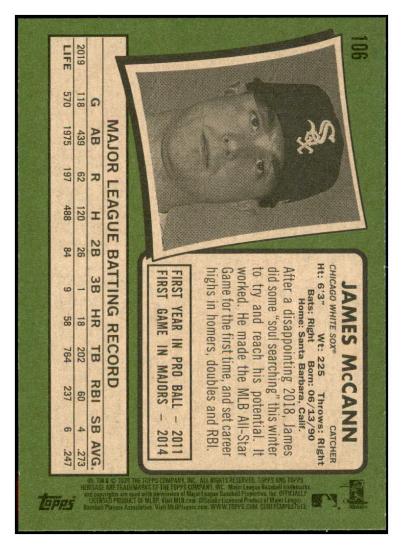 2020 Topps Heritage James
McCann Chicago White Sox Baseball
Card TMH1A simple Xclusive Collectibles
