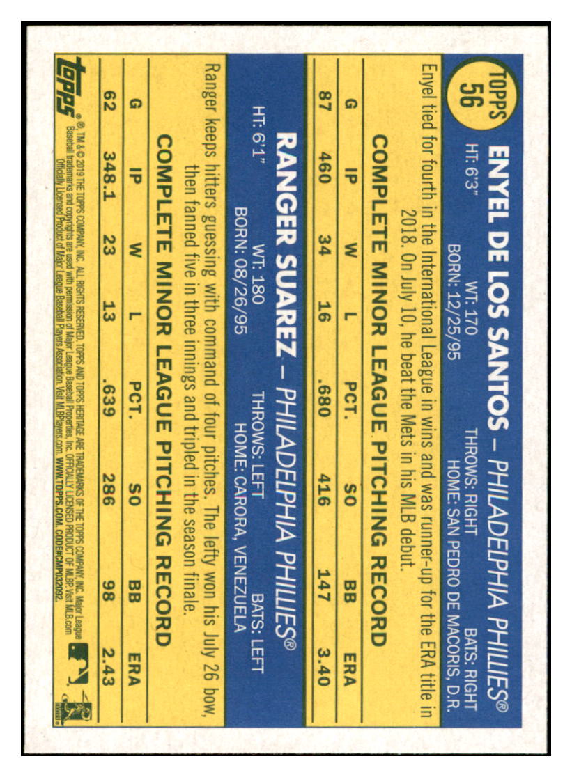 2019 Topps Heritage Ranger
Suarez / Enyel de los Santos RS, CPC, RC
Philadelphia Phillies Baseball Card TMH1A simple Xclusive Collectibles