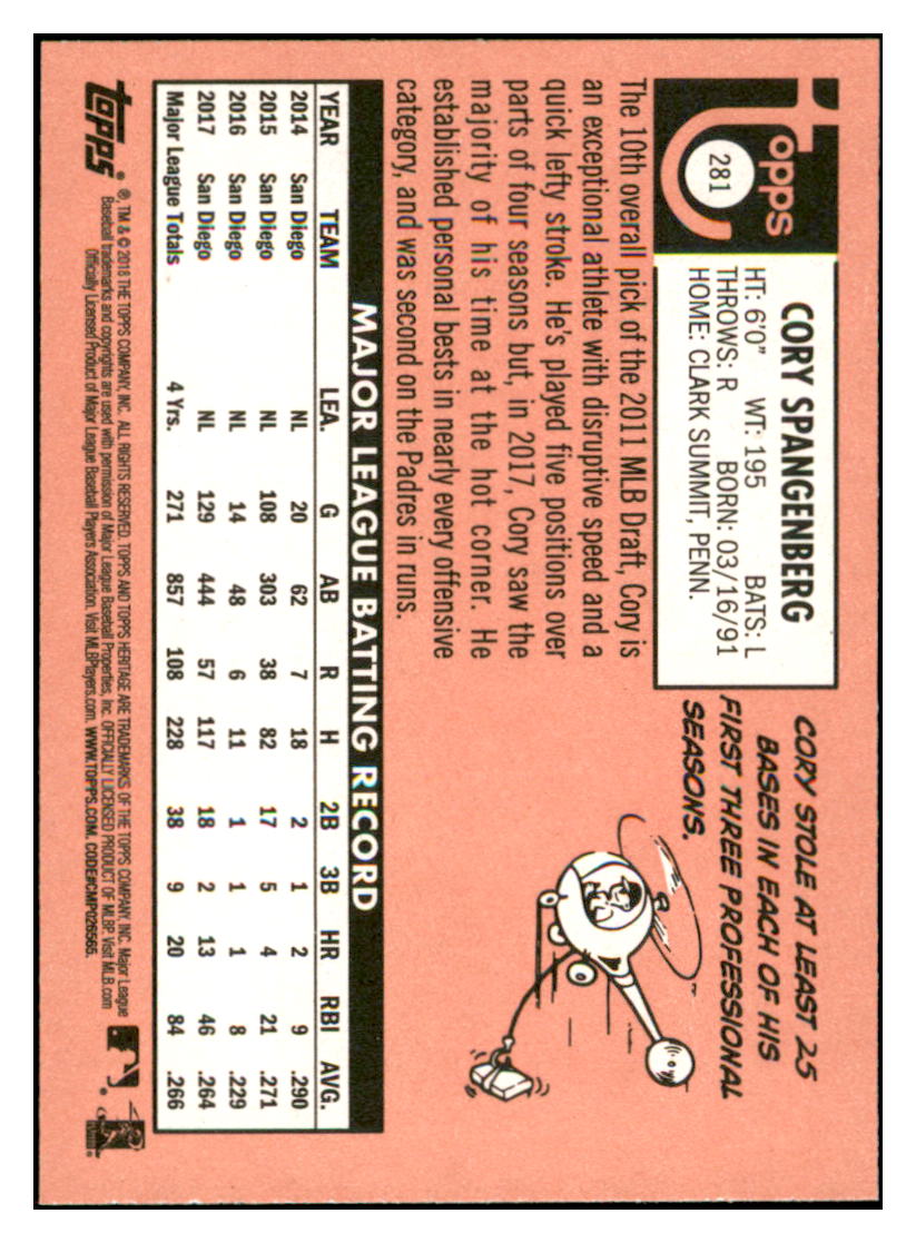 2018 Topps Heritage Cory
Spangenberg San Diego Padres Baseball
Card TMH1A simple Xclusive Collectibles