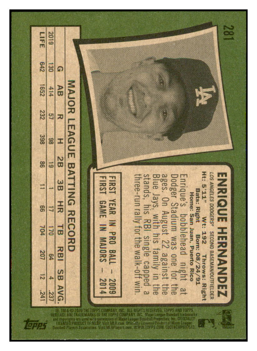 2020 Topps Heritage Enrique
Hernandez Los Angeles Dodgers
Baseball Card TMH1A simple Xclusive Collectibles