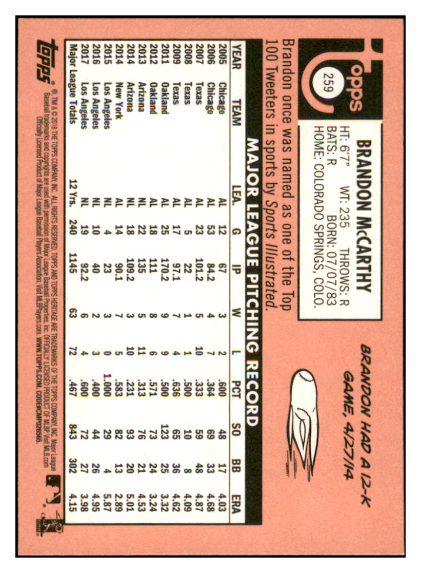 2018 Topps Heritage Brandon McCarthy Los Angeles
Dodgers Baseball Card TMH1A simple Xclusive Collectibles