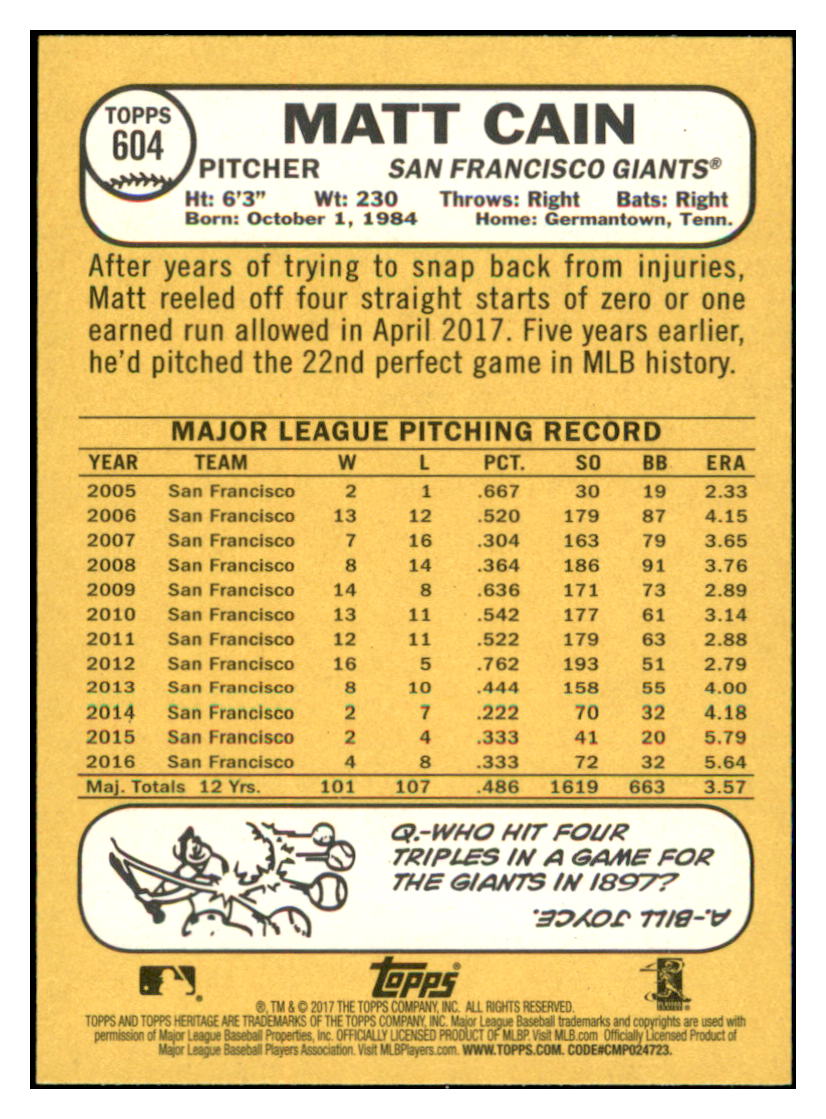 2017 Topps Heritage Matt
Cain San Francisco Giants Baseball
Card TMH1A simple Xclusive Collectibles