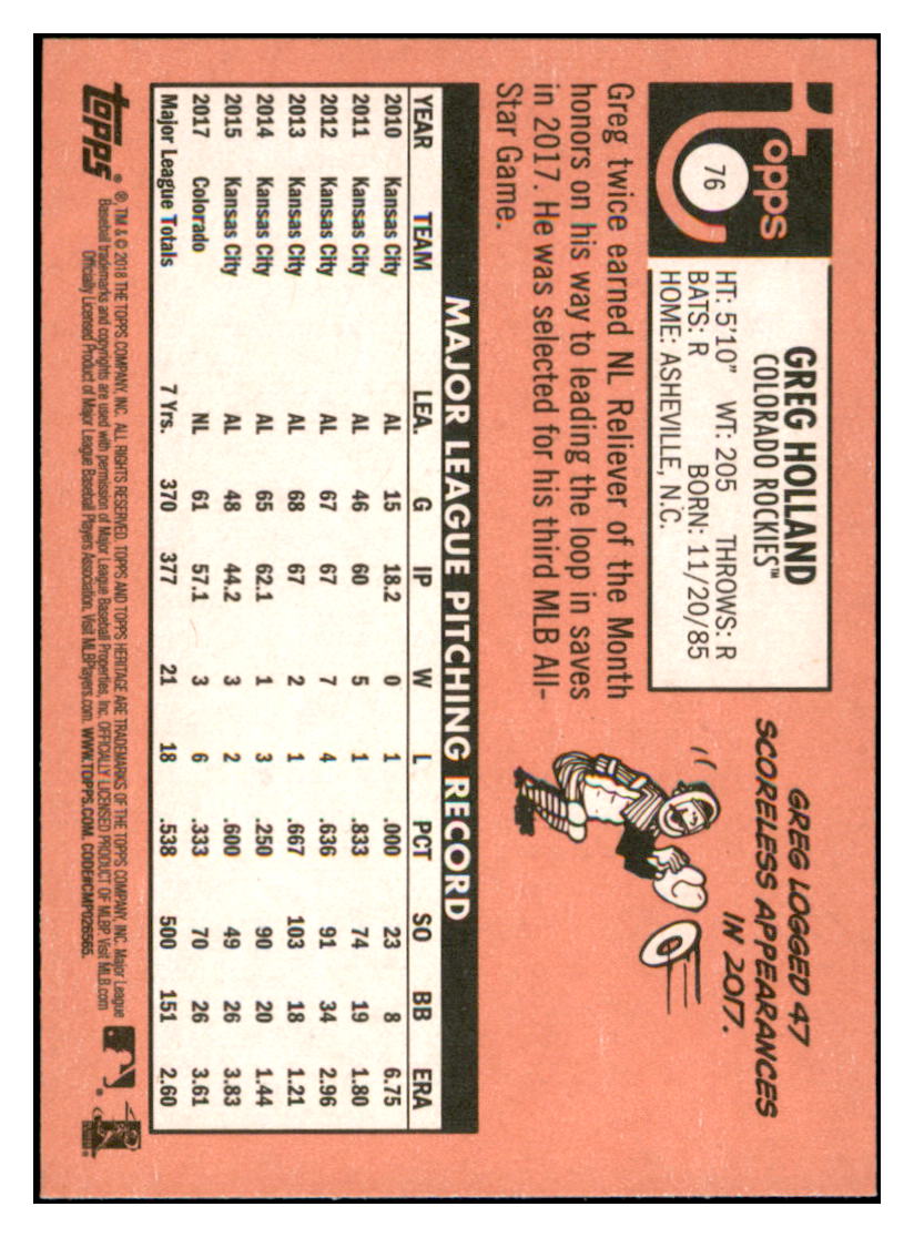 2018 Topps Heritage Greg
Holland Colorado Rockies Baseball
Card TMH1A simple Xclusive Collectibles