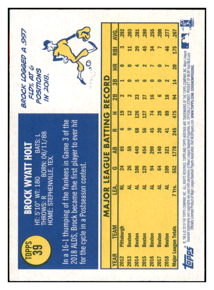 2019 Topps Heritage Brock
Holt Boston Red Sox Baseball Card
TMH1A simple Xclusive Collectibles