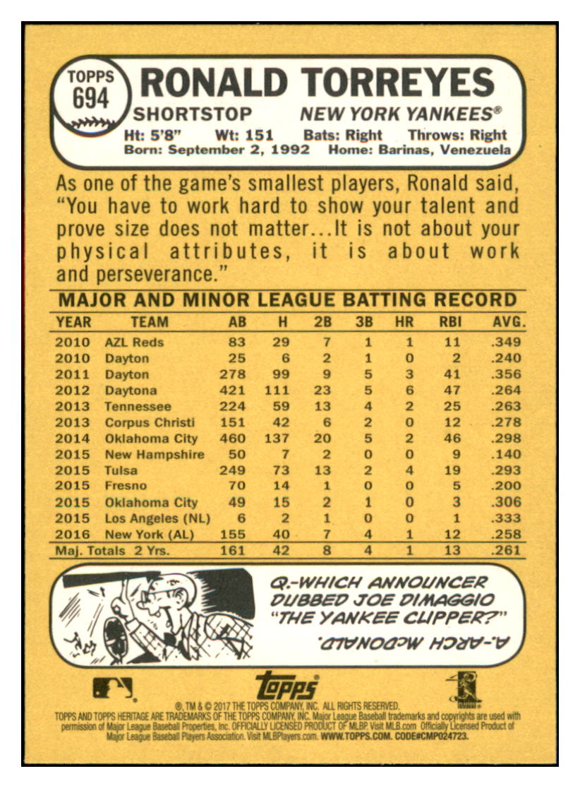 2017 Topps Heritage Ronald
Torreyes New York Yankees Baseball
Card TMH1A simple Xclusive Collectibles