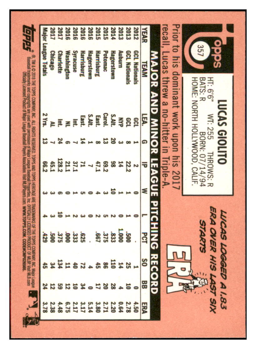2018 Topps Heritage Lucas
Giolito Chicago White Sox Baseball
Card TMH1A_1a simple Xclusive Collectibles