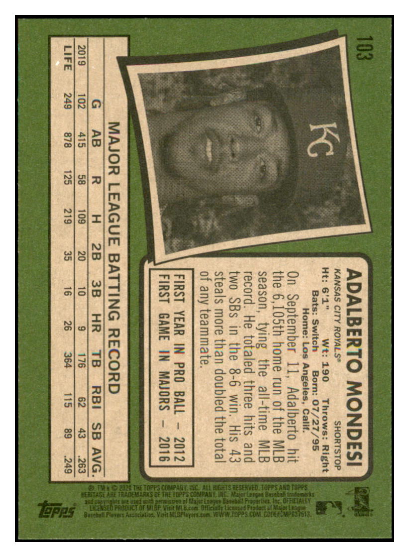 2020 Topps Heritage Adalberto
  Mondesi   Kansas City Royals Baseball
  Card TMH1A simple Xclusive Collectibles