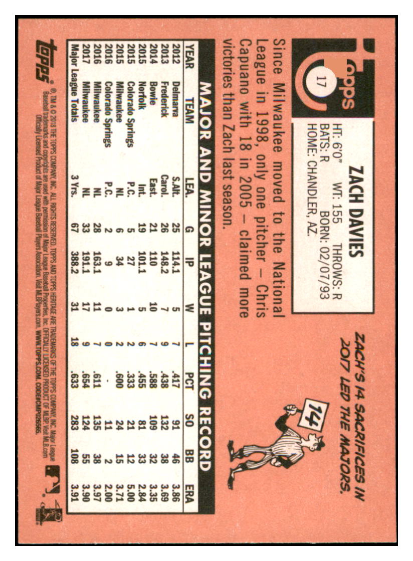 2018 Topps Heritage Zach
  Davies   Milwaukee Brewers Baseball
  Card TMH1A simple Xclusive Collectibles