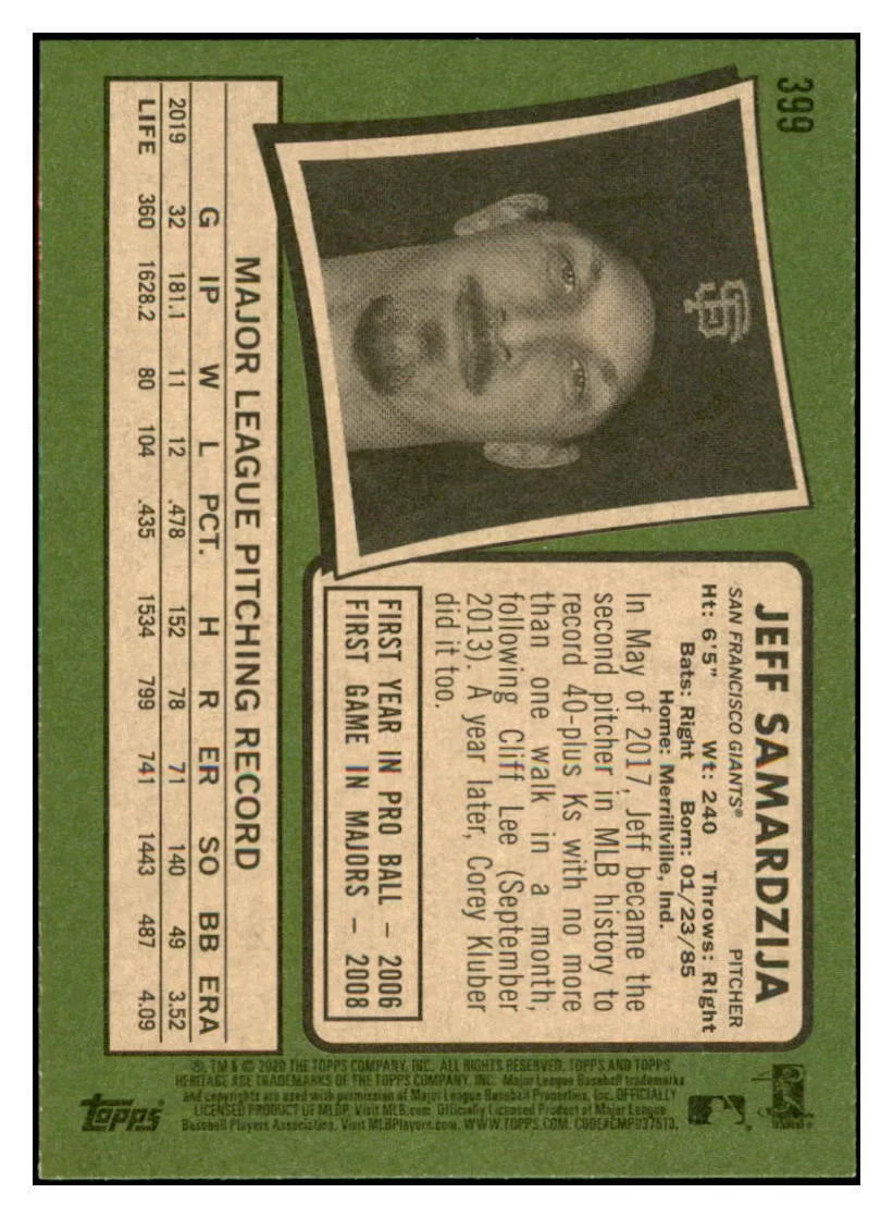 2020 Topps Heritage Jeff
  Samardzija   San Francisco Giants
  Baseball Card TMH1A simple Xclusive Collectibles