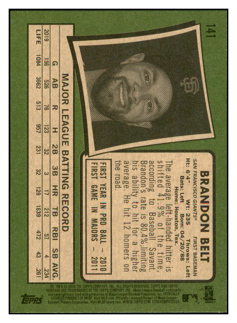 2020 Topps Heritage Brandon
  Belt   San Francisco Giants Baseball
  Card TMH1A simple Xclusive Collectibles