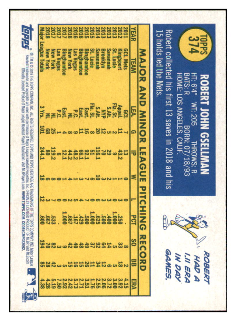 2019 Topps Heritage Robert
  Gsellman   New York Mets Baseball Card
  TMH1A simple Xclusive Collectibles