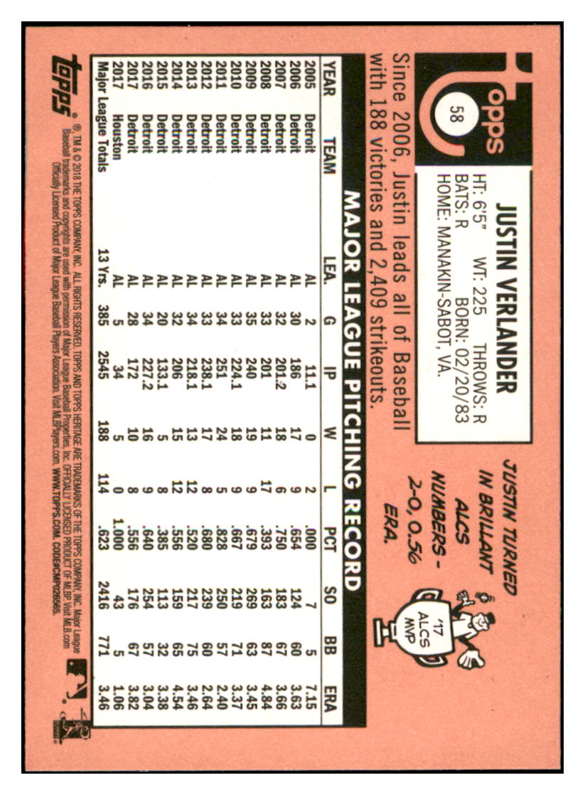 2018 Topps Heritage Justin
  Verlander   Houston Astros Baseball
  Card TMH1A_1a simple Xclusive Collectibles