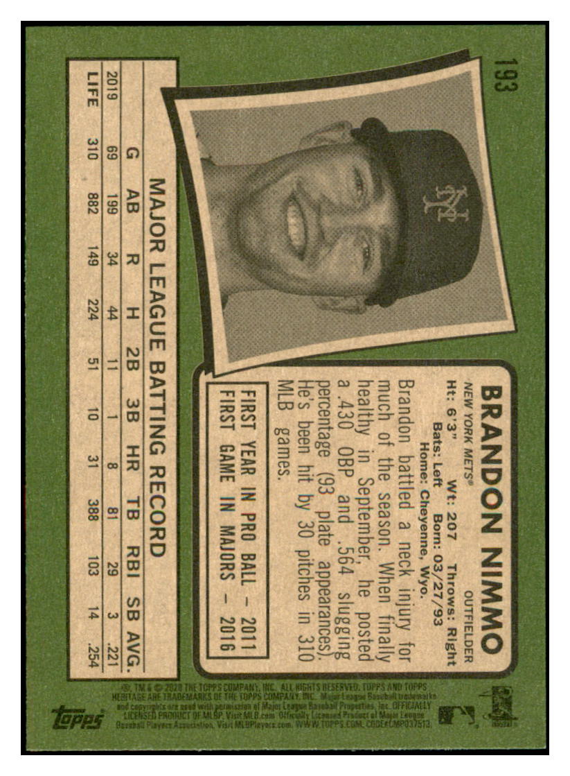 2020 Topps Heritage Brandon
Nimmo New York Mets Baseball Card
TMH1A simple Xclusive Collectibles