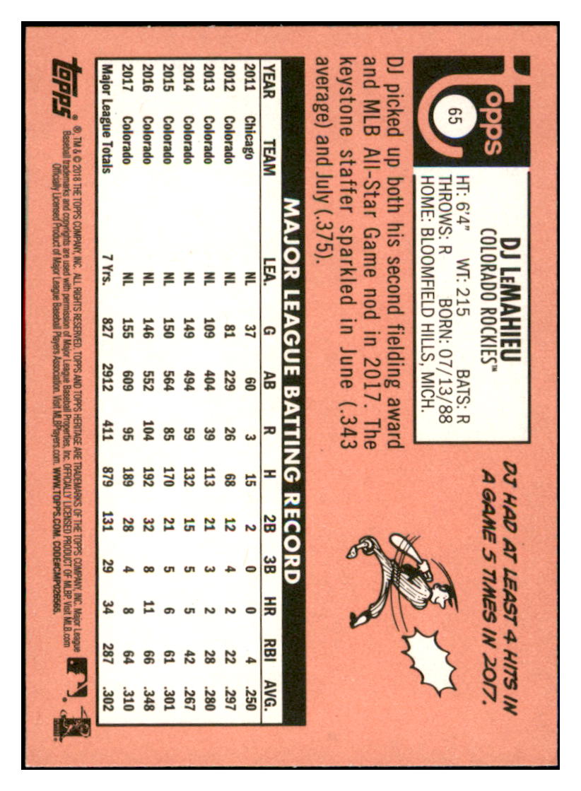 2018 Topps Heritage DJ
LeMahieu Colorado Rockies Baseball
Card TMH1A simple Xclusive Collectibles