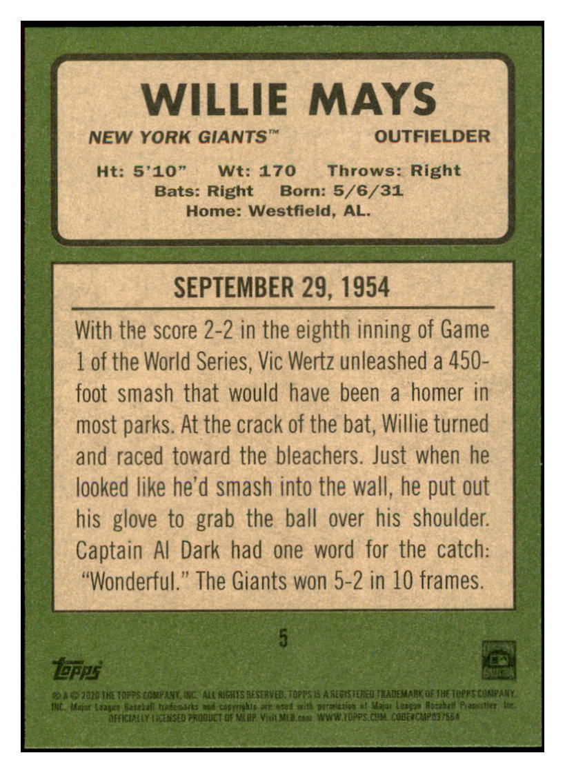 2020 Topps Heritage Willie
  Mays 20 Giants Seasons  New York Giants
  Baseball Card TMH1A simple Xclusive Collectibles