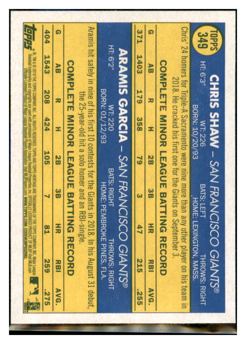 2019 Topps Heritage Chris Shaw / Aramis
  Garcia CPC, RC, RS    San Francisco
  Giants #349 Baseball card   TMH1C simple Xclusive Collectibles   