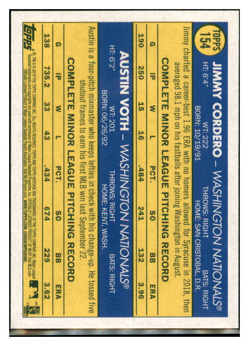 2019 Topps Heritage Austin Voth / Jimmy
Cordero CPC, RC, RS Washington
Nationals #154 Baseball card TMH1C simple Xclusive Collectibles