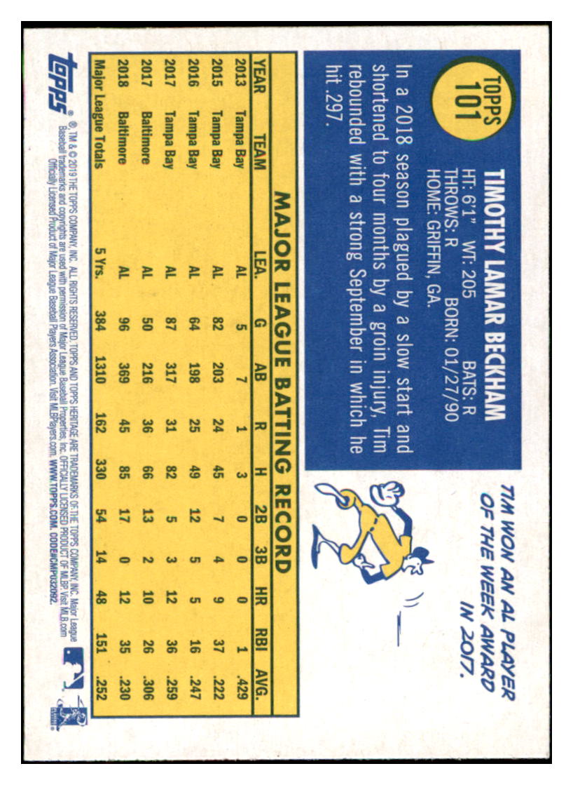 2019 Topps Heritage Tim Beckham Baltimore Orioles #101 Baseball card TMH1C simple Xclusive Collectibles
