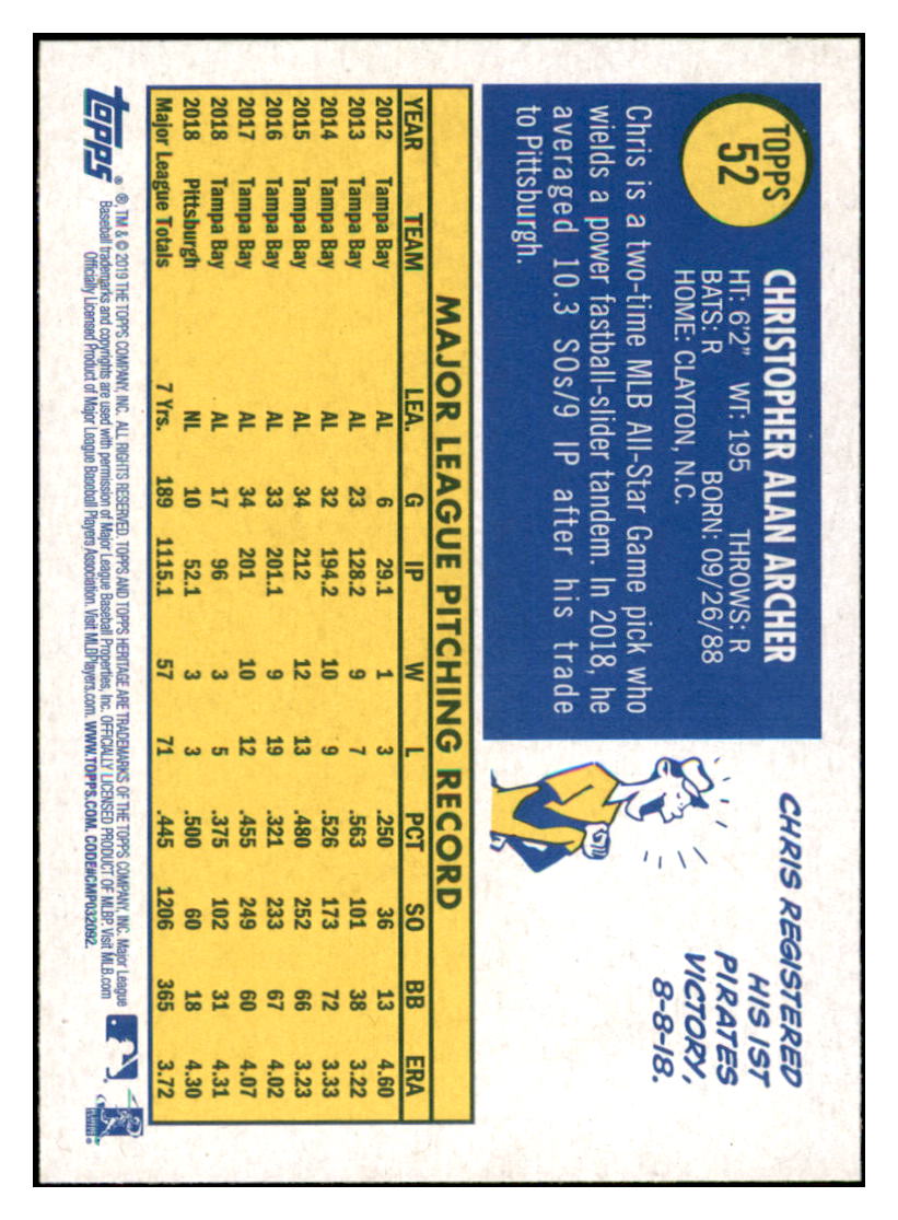 2019 Topps Heritage Chris Archer  Trade 
  Pittsburgh Pirates #52b Baseball card  
  TMH1C simple Xclusive Collectibles