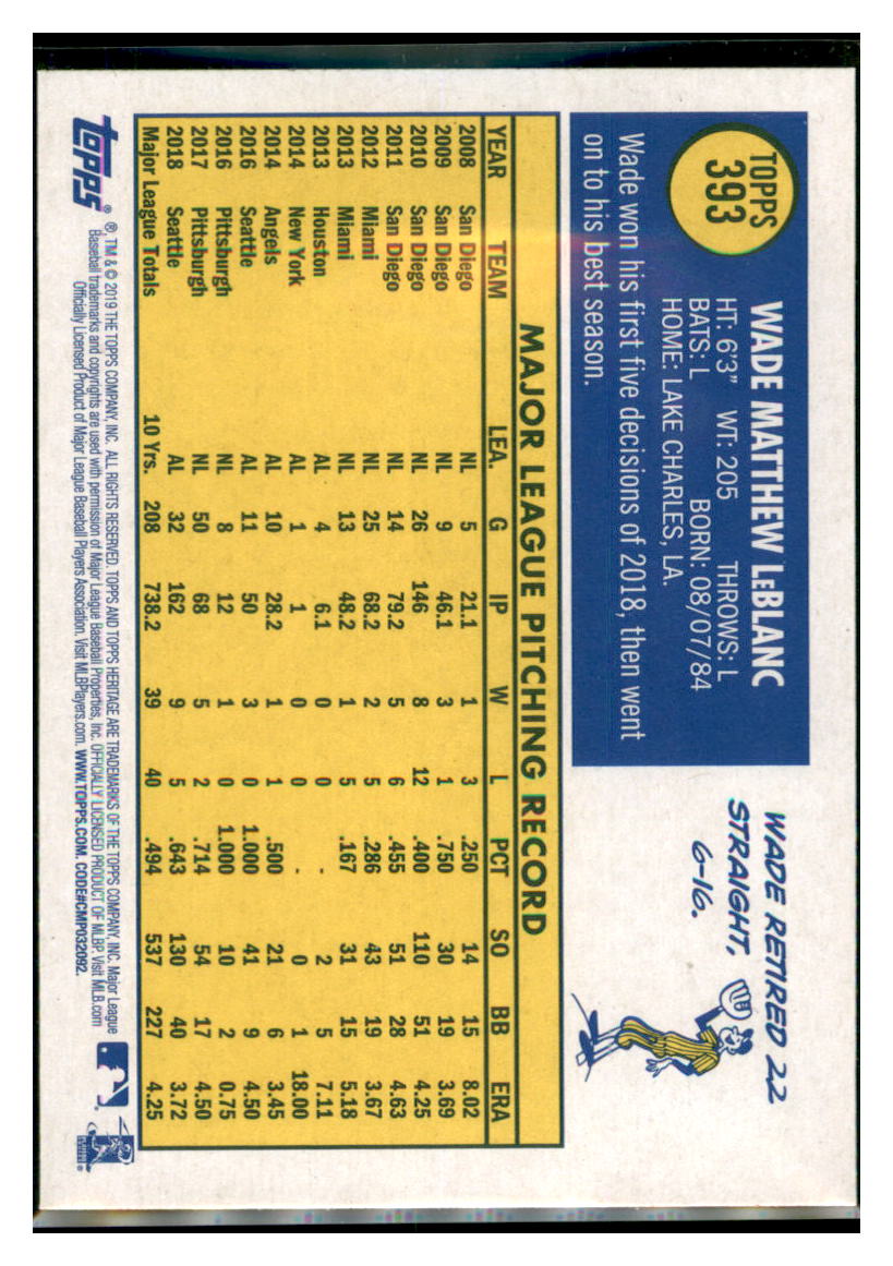2019 Topps Heritage Wade LeBlanc Seattle Mariners #393 Baseball card TMH1C simple Xclusive Collectibles
