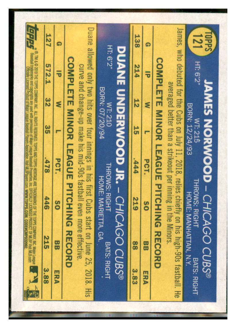2019 Topps Heritage Duane Underwood Jr. /
James Norwood CPC, RC, RS Chicago
Cubs #121 Baseball card TMH1C simple Xclusive Collectibles