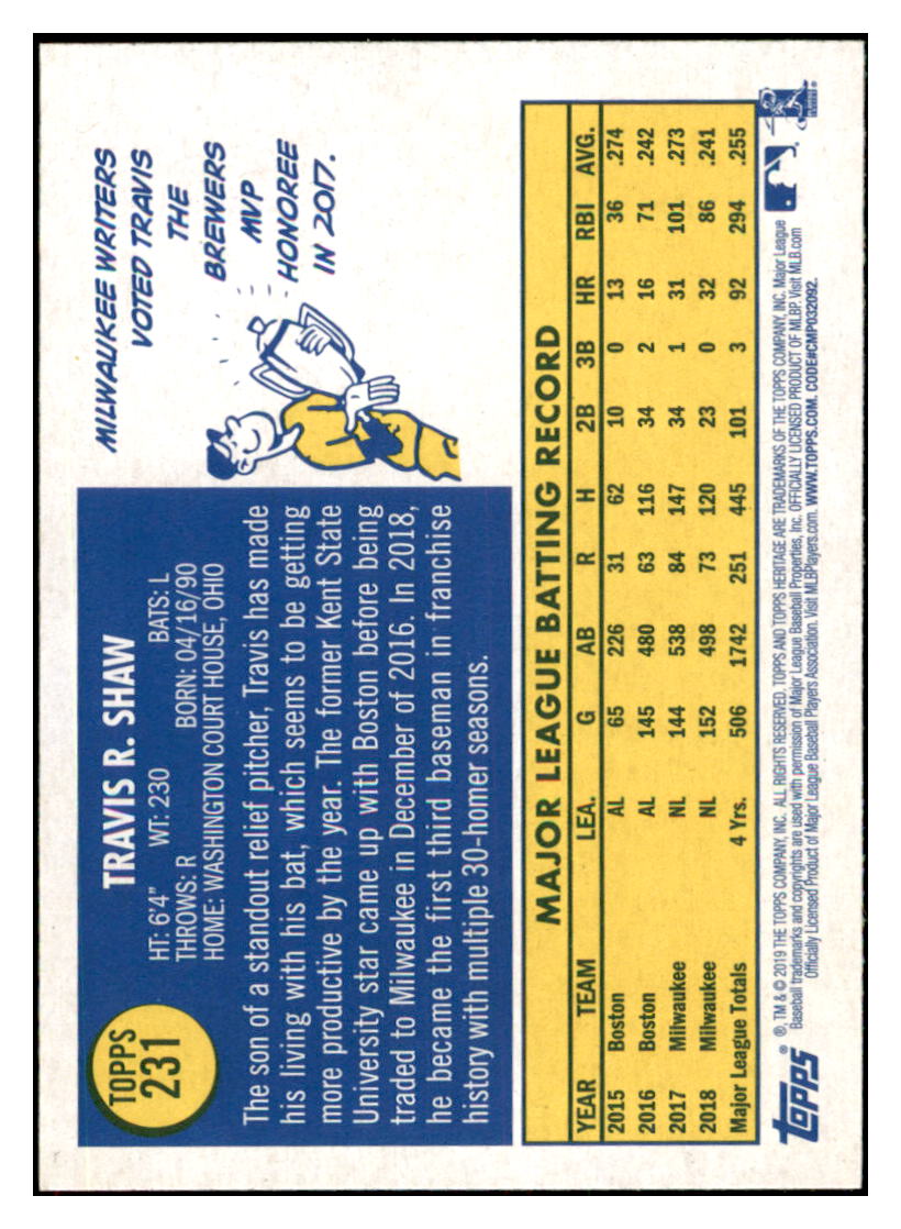 2019 Topps Heritage Travis Shaw    Milwaukee Brewers #231 Baseball card   TMH1C simple Xclusive Collectibles