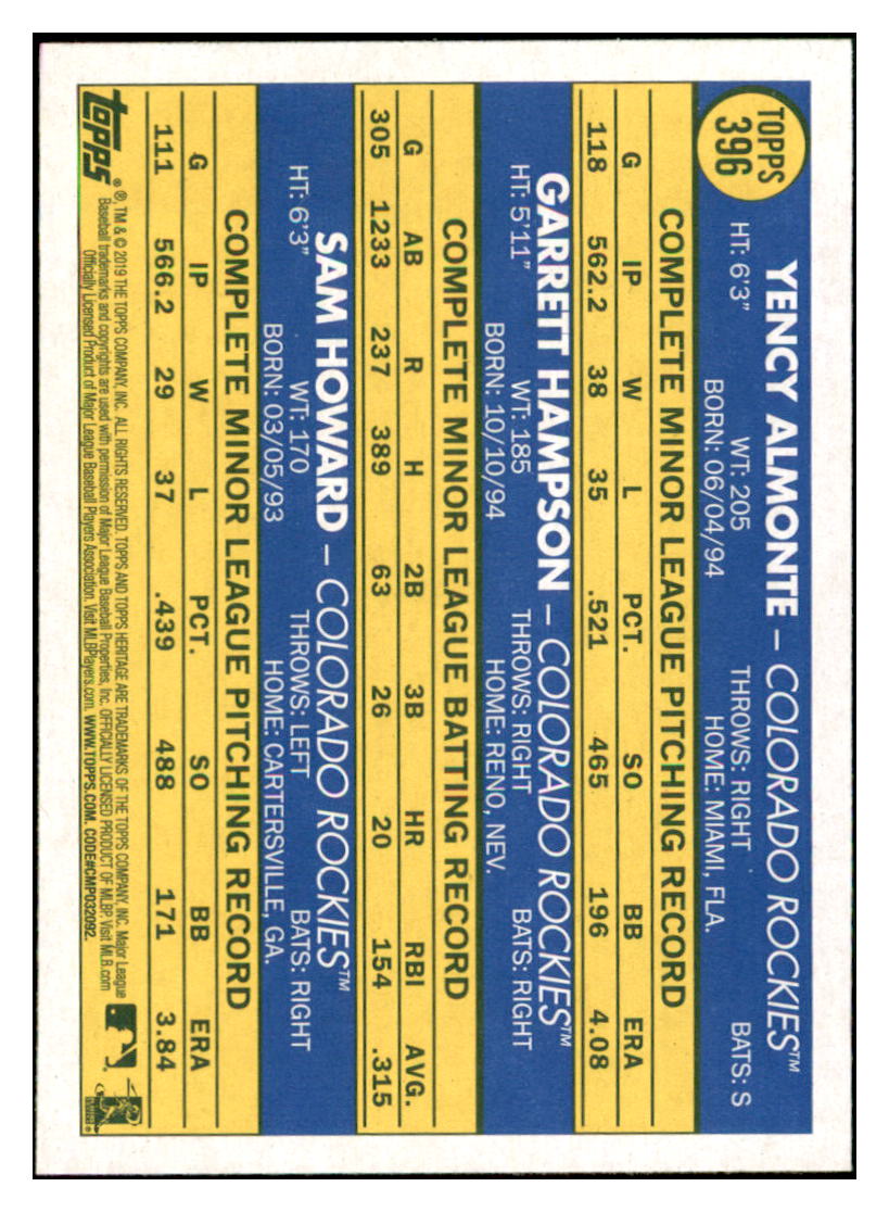 2019 Topps Heritage Garrett Hampson / Sam
  Howard / Yency Almonte CPC, RC, RS   
  Colorado Rockies #396 Baseball card  
  TMH1C simple Xclusive Collectibles