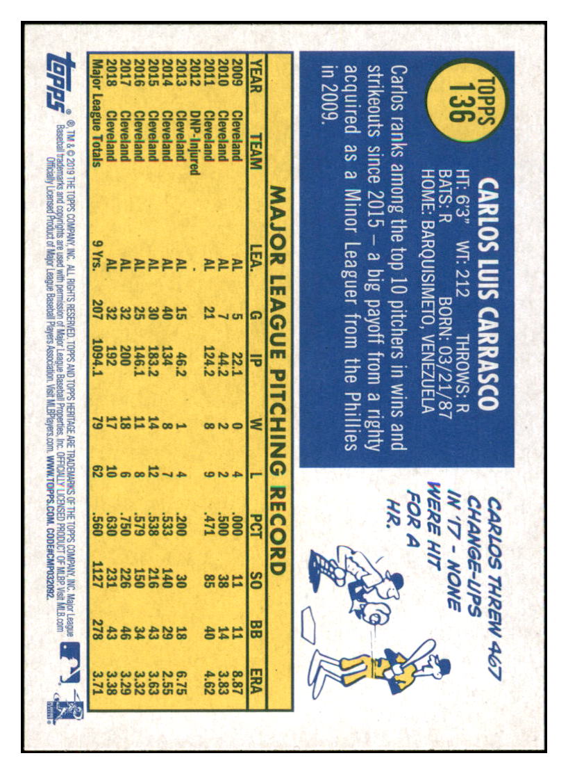 2019 Topps Heritage Carlos Carrasco Cleveland Indians #136 Baseball card TMH1C simple Xclusive Collectibles