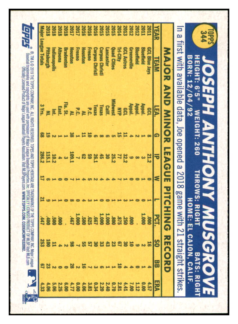 2019 Topps Heritage Joe Musgrove    Pittsburgh Pirates #344 Baseball
  card   TMH1C simple Xclusive Collectibles