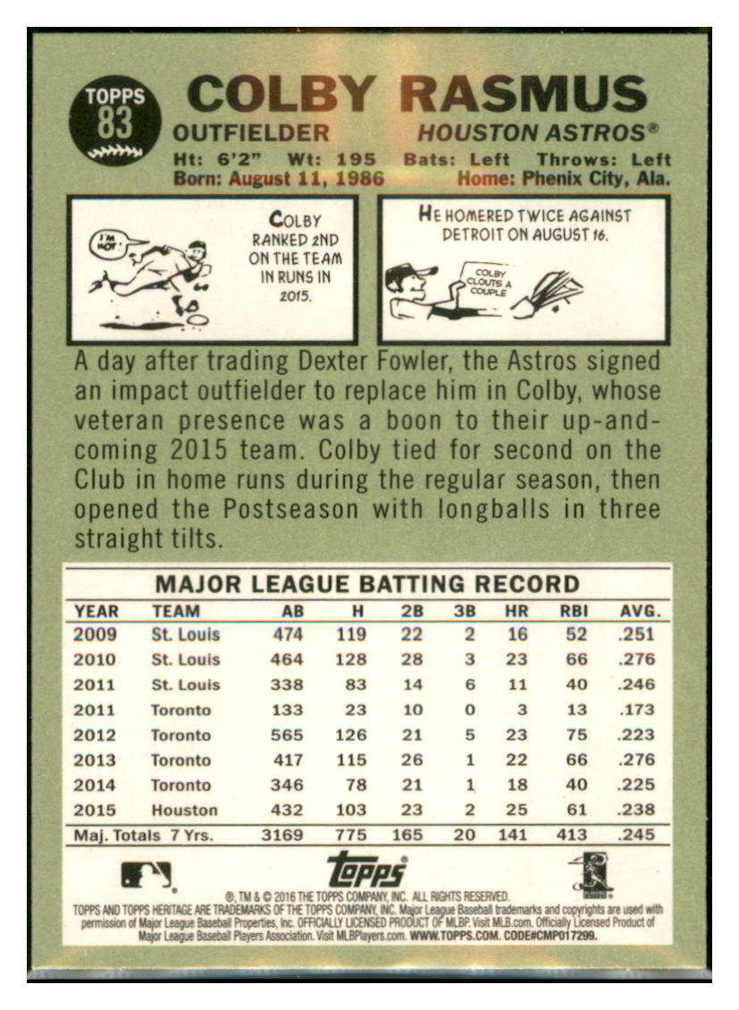 2016 Topps Heritage Colby Rasmus Houston Astros #83 Baseball card TMH1C simple Xclusive Collectibles