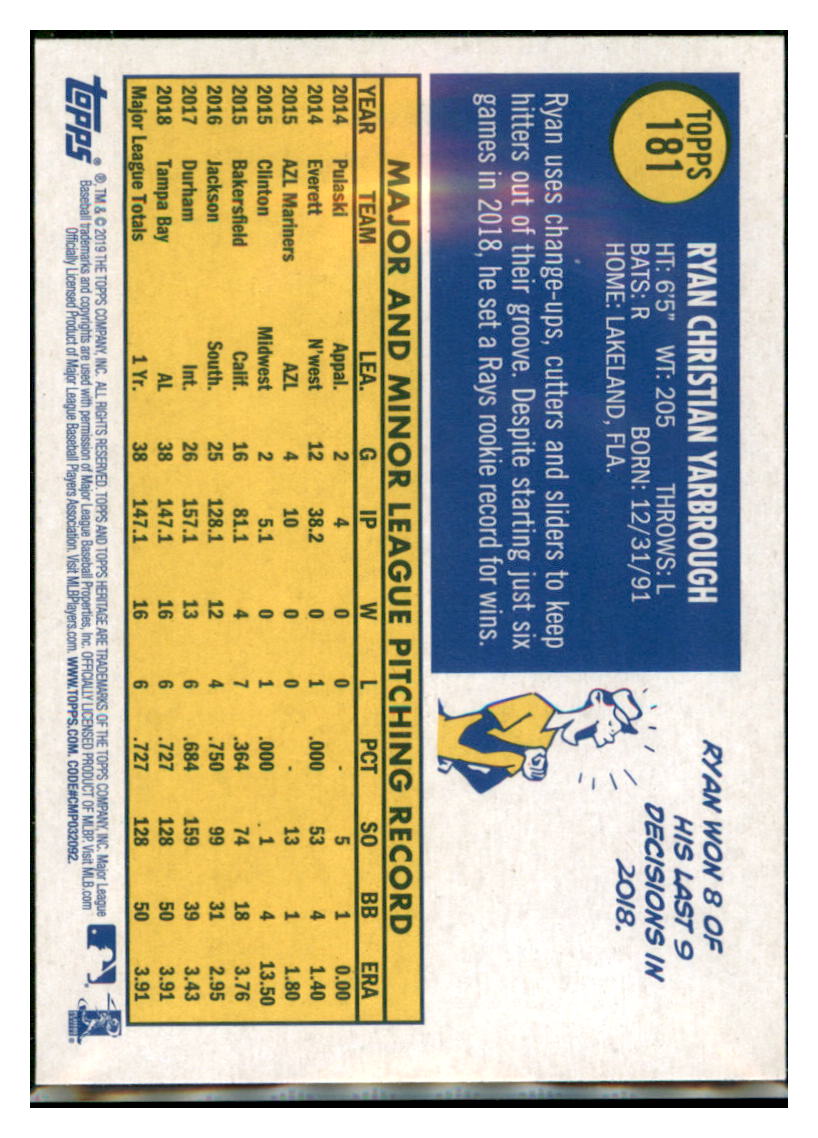 2019 Topps Heritage Ryan Yarbrough    Tampa Bay Rays #181 Baseball card   TMH1C simple Xclusive Collectibles