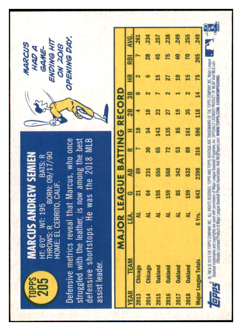 2019 Topps Heritage Marcus Semien Oakland Athletics #205 Baseball card TMH1C_1b simple Xclusive Collectibles