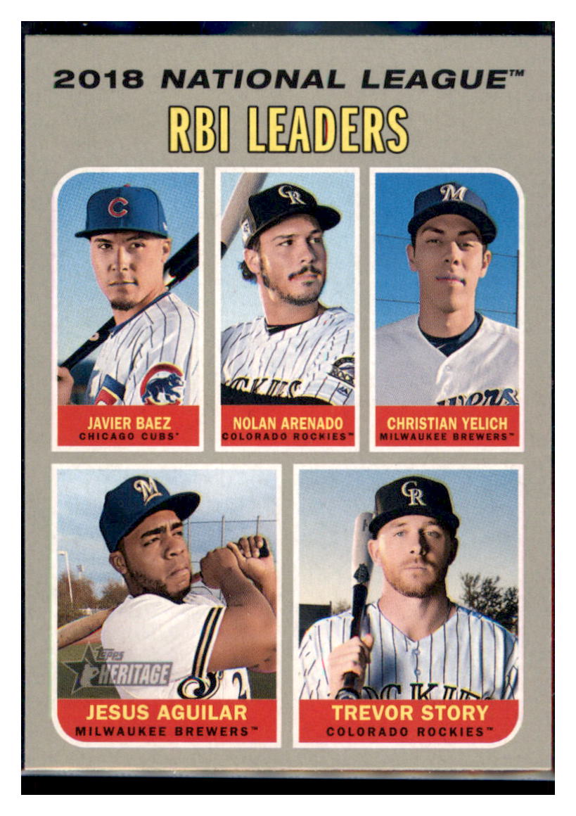 2019 Topps Heritage Javier Baez / Jesus
  Aguilar / Trevor Story / Christian Yelich / Nolan Arenado CPC, LL    Chicago Cubs / Milwaukee Brewers /
  Colorado Rockies #63 Baseball card  
  TMH1C simple Xclusive Collectibles
