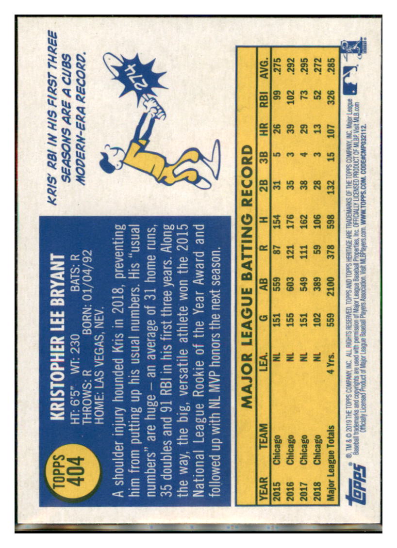 2019 Topps Heritage Kris Bryant Chicago Cubs #404 Baseball card TMH1C simple Xclusive Collectibles