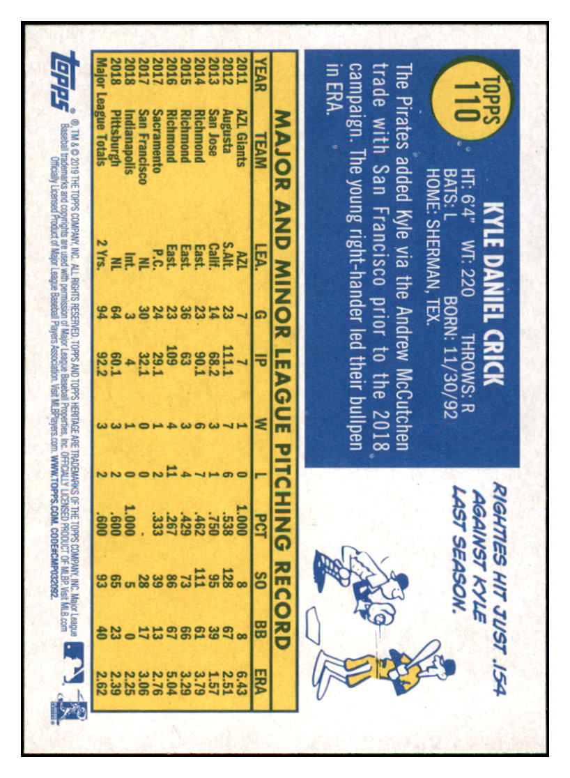2019 Topps Heritage Kyle Crick    Pittsburgh Pirates #110 Baseball
  card   TMH1C simple Xclusive Collectibles