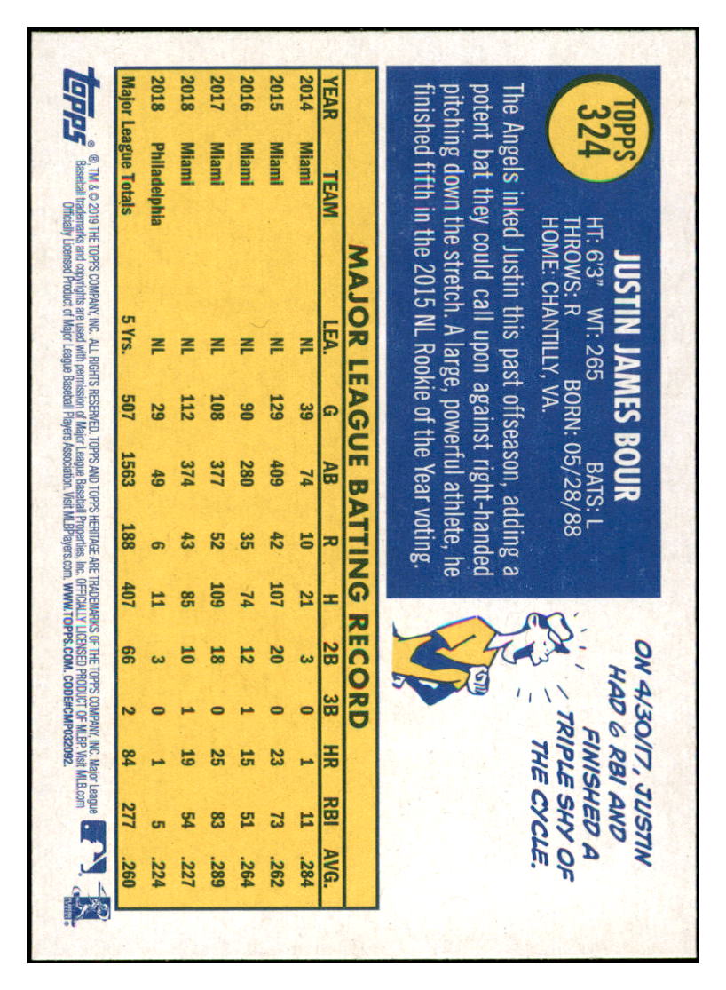 2019 Topps Heritage Justin Bour Los Angeles Angels #324 Baseball
card TMH1C simple Xclusive Collectibles