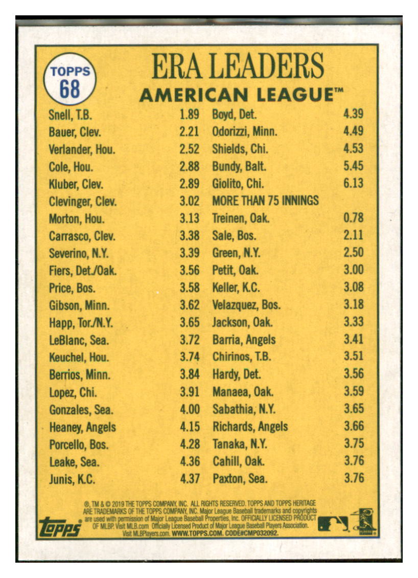 2019 Topps Heritage Justin Verlander /
Trevor Bauer / Blake Snell CPC, LL
Houston Astros / Cleveland Indians / Tampa Bay Rays #68 Baseball
card TMH1C simple Xclusive Collectibles