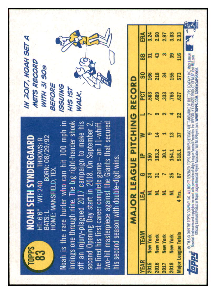 2019 Topps Heritage Noah Syndergaard New York Mets #83 Baseball card TMH1C simple Xclusive Collectibles