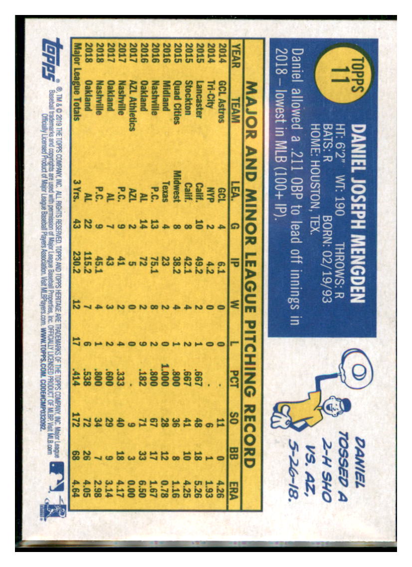 2019 Topps Heritage Daniel Mengden Oakland Athletics #11 Baseball card TMH1C simple Xclusive Collectibles