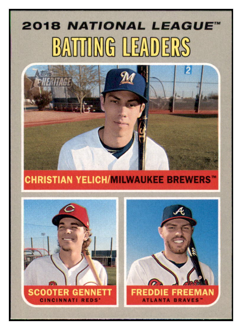 2019 Topps Heritage Christian Yelich /
Freddie Freeman / Scooter Gennett CPC, LL
Milwaukee Brewers / Atlanta Braves / Cincinnati Reds #61 Baseball
card TMH1C simple Xclusive Collectibles
