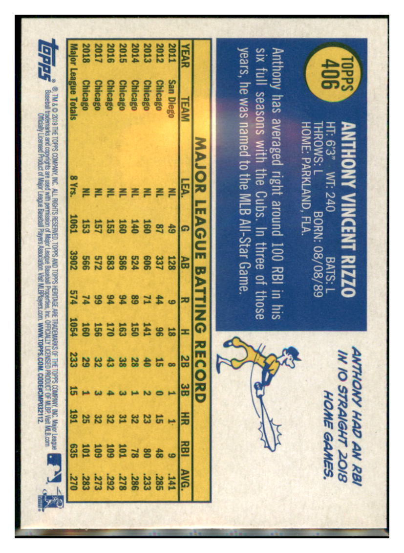 2019 Topps Heritage Anthony Rizzo Chicago Cubs #406 Baseball card TMH1C simple Xclusive Collectibles