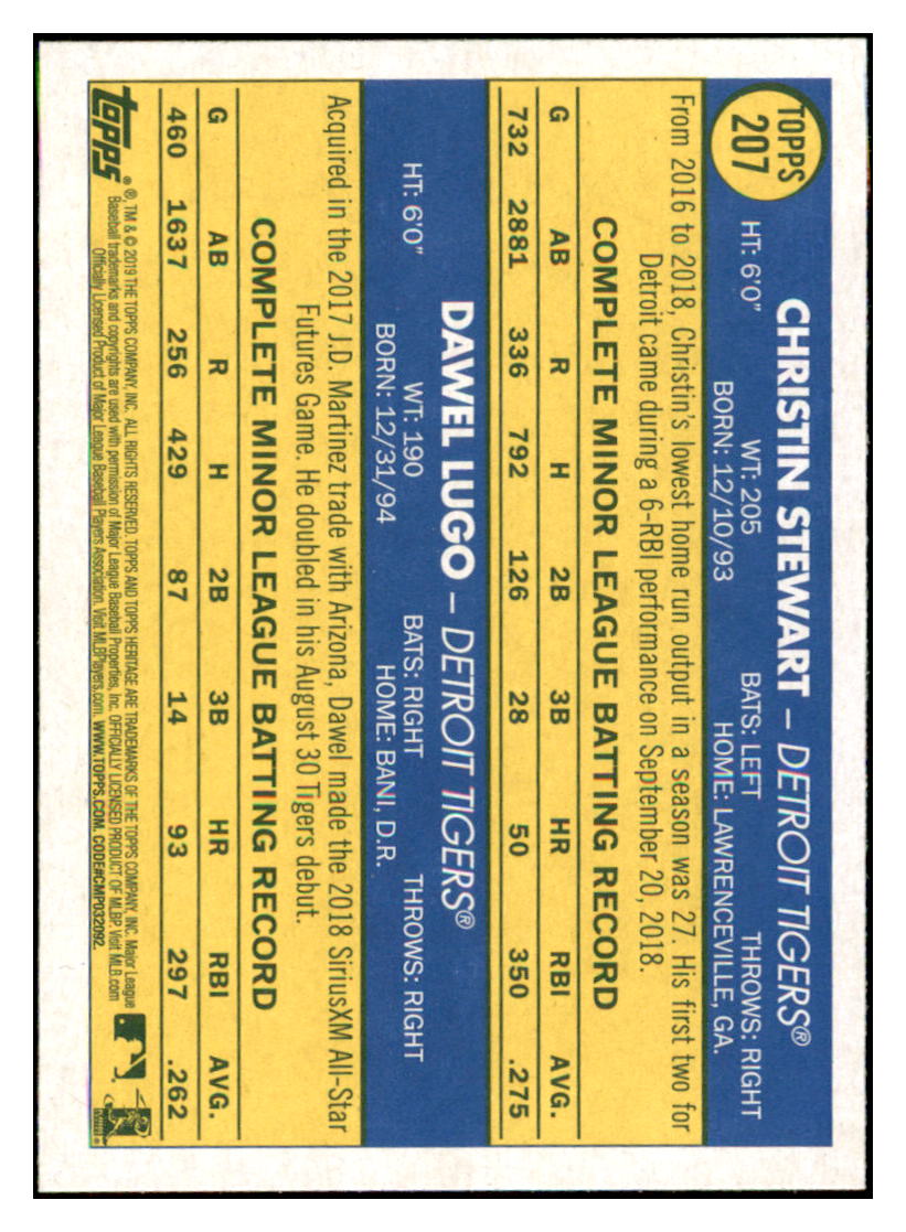 2019 Topps Heritage Dawel Lugo / Christin
Stewart CPC, RC, RS Detroit Tigers
#207 Baseball card TMH1C simple Xclusive Collectibles